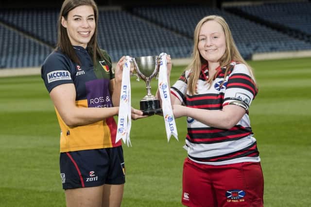 Sarah Quick (Hillhead/Jordanhill) and Louise McMillan (Murrayfield Wanderers) look ahead to the Sarah Beaney Cup final. Picture: Gary Hutchison/SNS/SRU