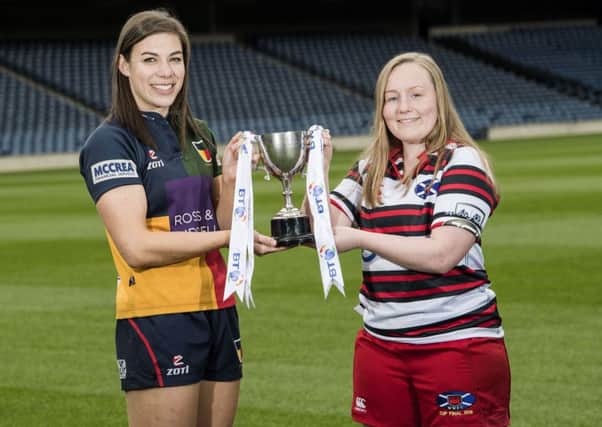 Sarah Quick (Hillhead/Jordanhill) and Louise McMillan (Murrayfield Wanderers) look ahead to the Sarah Beaney Cup final. Picture: Gary Hutchison/SNS/SRU