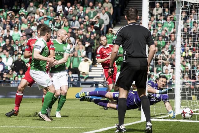 Ofir Marciano tries to claw back the ball as Ryan Christie scores from the freekick. Pic: SNS/Bill Murray