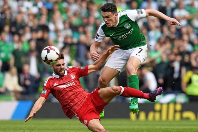 Hibernian's John McGinn completes with Aberdeen's Graeme Shinnie. Pic: SNS/Craig Williamson