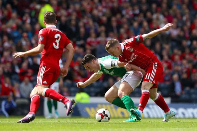 Hibernian's John McGinn and Aberdeen's Jonny Hayes battle for the ball. Pic: Andrew Milligan/PA Wire.