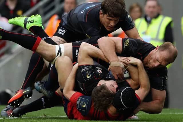 Chris Wyles has great support as he rolls over to touch down for the clinching try. Picture: Getty Images
