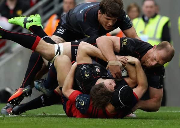 Chris Wyles has great support as he rolls over to touch down for the clinching try. Picture: Getty Images
