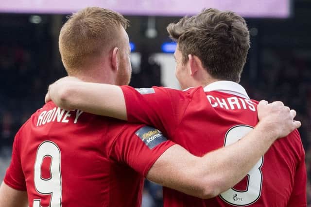 Aberdeen's Ryan Christie celebrates his goal with fellow goalscorer Adam Rooney. Picture: Bill Murray/SNS