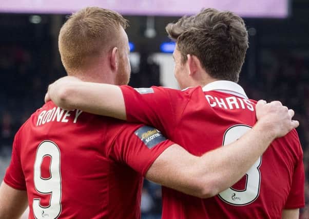 Aberdeen's Ryan Christie celebrates his goal with fellow goalscorer Adam Rooney. Picture: Bill Murray/SNS
