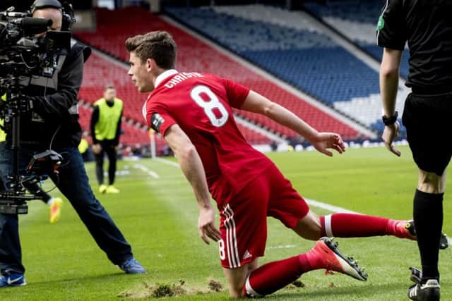 Ryan Christie celebrates having given Aberdeen a 2-0 lead over Hibs. Picture: SNS