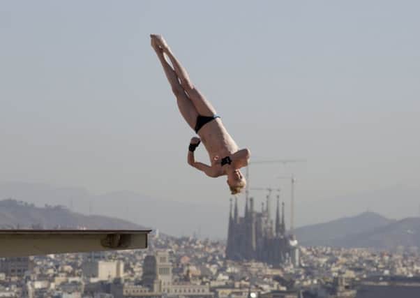 Lucas Thomson competes at the Olympic diving pool in Barcelona
