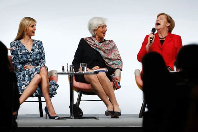 First Daughter and Advisor to the US President Ivanka Trump, Managing Director of the International Monetary Fund (IMF) Christine Lagarde and German Chancellor Angela Merkel. Picture: Getty