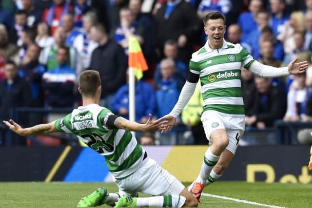 Callum McGregor celebrates with team-mate Mikael Lustig after putting Celtic ahead against Rangers in the Scottish Cup semi-final at Hampden. Picture: Rob Casey/SNS Group