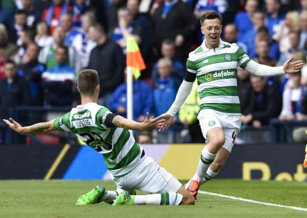 Callum McGregor  celebrates with team-mate Mikael Lustig after putting Celtic ahead against Rangers in the Scottish Cup semi-final at Hampden. Picture: Rob Casey/SNS Group
