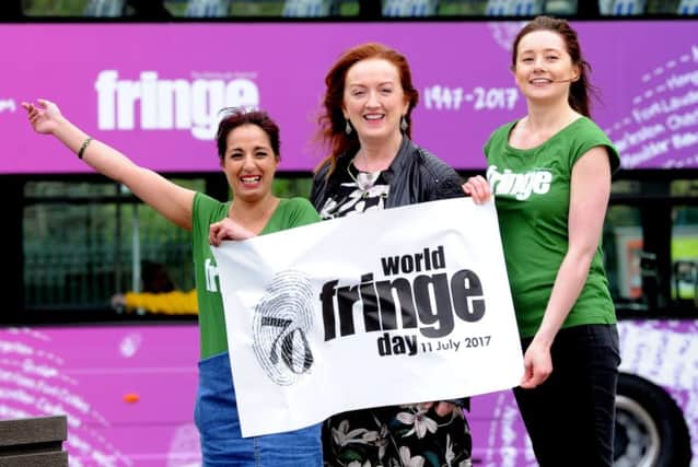 Edinburgh Festival Fringe chief executive Shona McCarthy, centre, launches World Fringe Day with staff members Navida Galbraith and Rachael Cowie. Picture: Lisa Ferguson