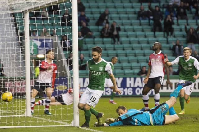 James Keatings opens the scoring for Hibs against Raith. He would also bag the winner. Picture: Craig Foy/SNS
