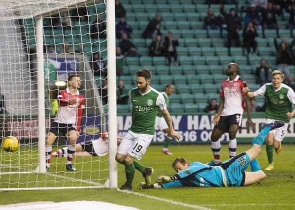 James Keatings opens the scoring for Hibs against Raith. He would also bag the winner. Picture: Craig Foy/SNS