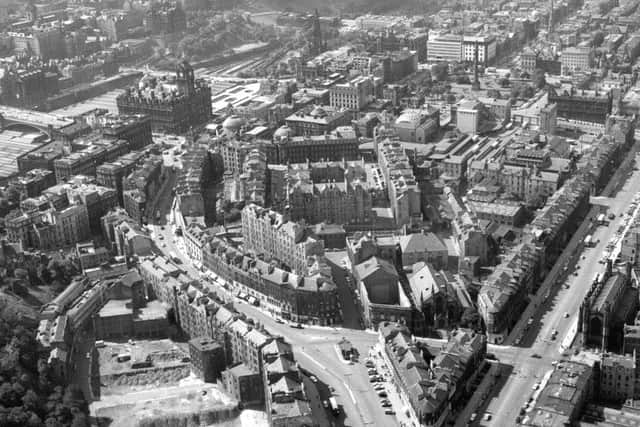 Aerial View - Showing area to be redeveloped around St James Square - Leith St, 1960s