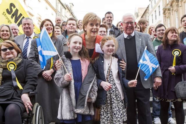 First Minister Nicola Sturgeon joins local election campaign in Stirling with Bruce Crawford MSP. Picture; SWNS