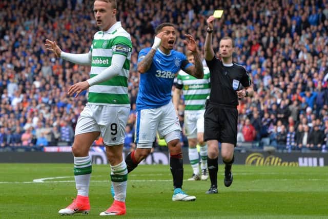 Leigh Griffiths and James Tavernier react as referee Willie Collum books the Rangers man and awards a penalty to Celtic during last weekend's Scottish Cup semi-final at Hampden. Picture: Mark Runnacles/Getty Images