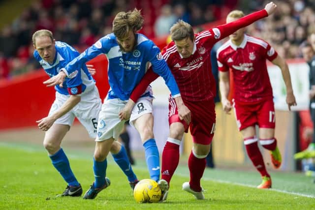 Murray Davidson, left, and Peter Pawlett tussle at Pittodrie. Picture: SNS