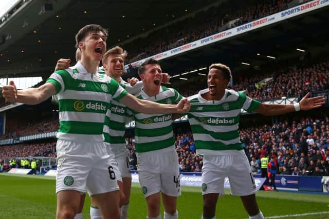 Celtic players celebrate Saturday's 5-1 Premiership rout against Rangers. Picture: Michael Steele/Getty Images