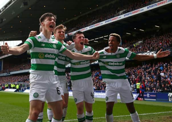 Celtic players celebrate Saturday's 5-1 Premiership rout against Rangers. Picture: Michael Steele/Getty Images