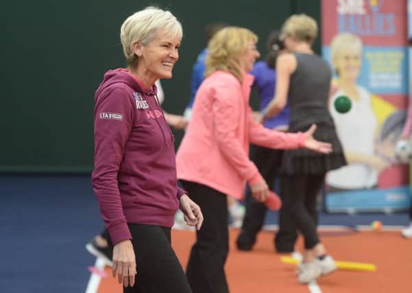 Judy Murray wears a wide grin during a training day  in Edinburgh yesterday. Picture: Neil Hanna.