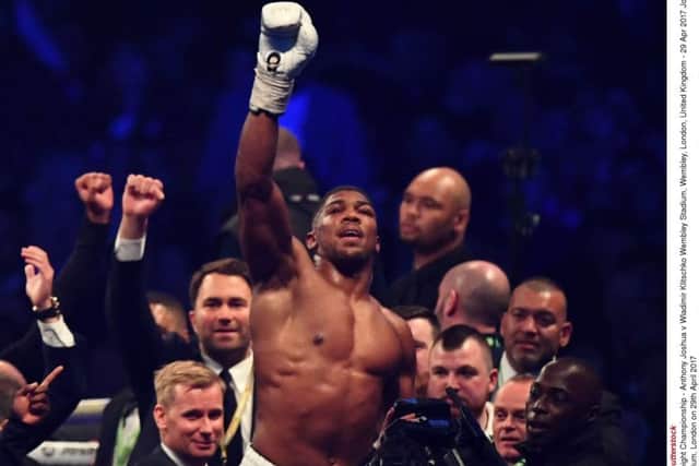 Anthony Joshua celebrates after his 11th-round victory over Wladimir Klitschko on Saturday. Picture: Rex/Shutterstock.