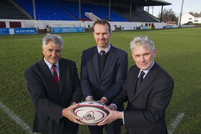 Andy Irvine, Edinburgh Rugby MD Jon Petrie, and George Watson's Melvyn Roffe Principal at Myreside. Picture: Ian Rutherford