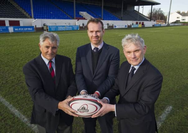 Andy Irvine, Edinburgh Rugby MD Jon Petrie, and George Watson's Melvyn Roffe Principal at Myreside.
 Picture: Ian Rutherford
