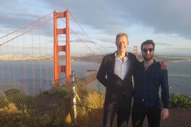 Russell Dalgleish, left, and Bruce Walker of FutureX take time to enjoy the view of the Golden Gate Bridge. Picture: Contributed