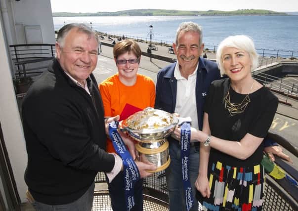 Left to right: Les Ward of the Gillians Saltire Appeal; Pauline Thomson, a Gillians Saltire Appeal flat user; Sam Torrance and Valerie Ross, Maggies head of fundraising (Scotland). Picture: Bill Fleming