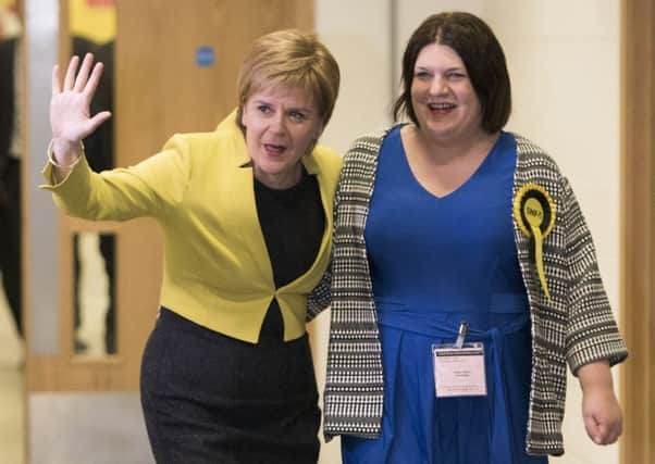 First Minister Nicola Sturgeon arrives with SNP Councillor Susan Aitken at the Emirates Stadium in Glasgow. Picture: John Linton/PA Wire