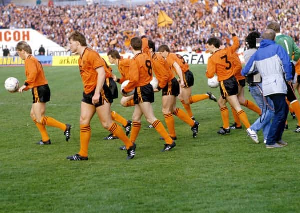 The Dundee United team break away before kick-off ahead of the second leg of the 1987 Uefa Cup final against Gothenburg. Picture: SNS