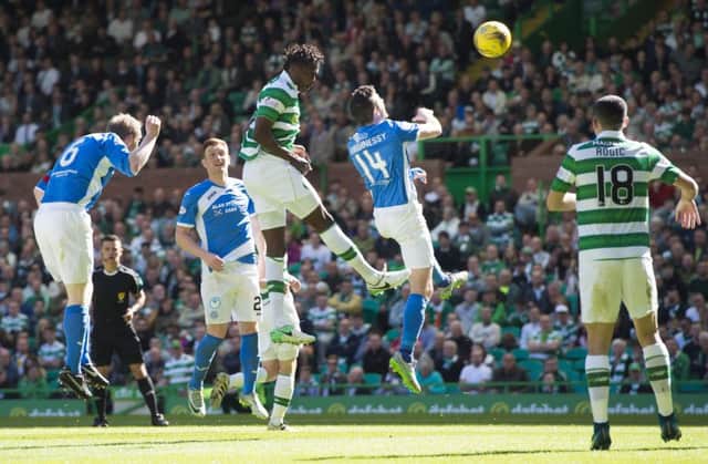 Dedryck Boyata heads in Celtic's second. Pic: SNS/Craig Williamson