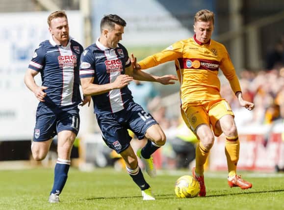 Motherwell's Elliot Frear battles for the ball against Ross County's Tim Chow. Pic: SNS/Roddy Scott