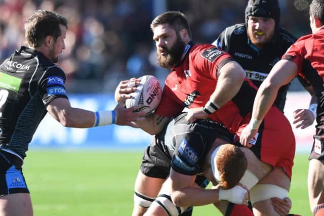 Glasgow's Rob Harley challenges Edinburgh's Cornell du Preez during the 1872 Cup second leg at Scotstoun. Picture: SNS
