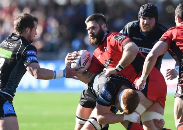 Glasgow's Rob Harley challenges Edinburgh's Cornell du Preez during the 1872 Cup second leg at Scotstoun. Picture: SNS