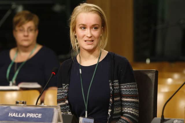 Trainee teacher Halla Price appears before Holyrood's Education and Skills Committee. Pic: Andrew Cowan/Scottish Parliament