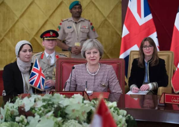 Fiona Hill (right) with Prime Minister Theresa May at a working session of the Gulf Cooperation Council meeting in Manama, Bahrain, with the King of Bahrain. Picture: Stefan Rousseau/PA