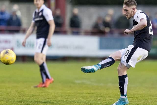 Declan McManus draws Raith Rovers level with Brechin at Glebe Park in their play-off first leg. Picture: SNS.