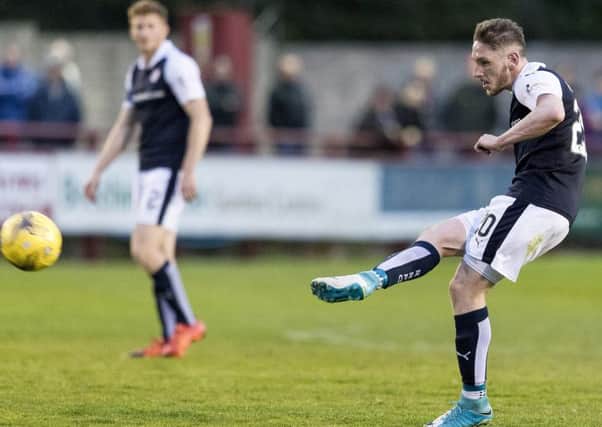 Declan McManus draws Raith Rovers level with Brechin at Glebe Park in their play-off first leg. Picture: SNS.