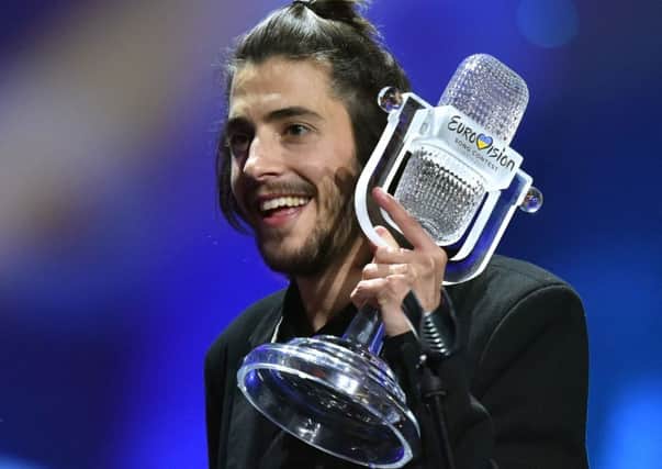 Portuguese singer Salvador Sobral after winning the final of the 62nd edition of the Eurovision Song Contest at the International Exhibition Centre in Kiev PIC: SERGEI SUPINSKY/AFP/Getty Images