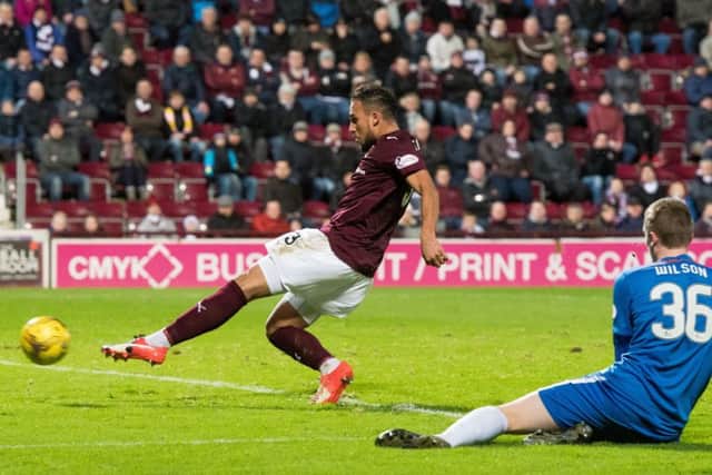Hearts' Faycal Rherras scores against Kilmarnock. Picture: Ian Georgeson