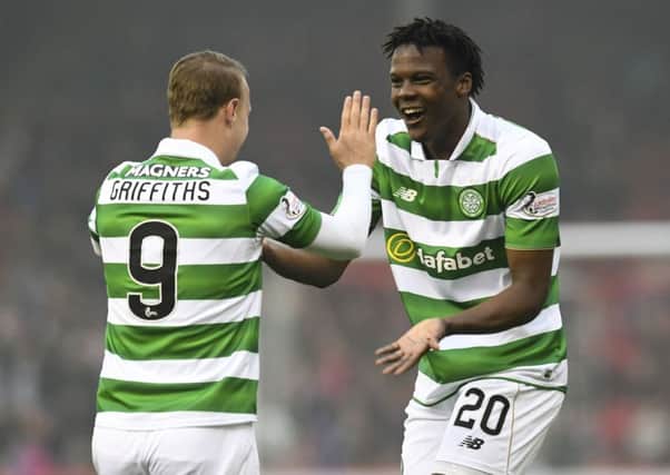 Celtic's Dedryck Boyata celebrates his goal with Leigh Griffiths. Picture: Craig Williamson/SNS