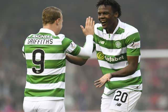 Celtic's Dedryck Boyata celebrates his goal with Leigh Griffiths. Picture: Craig Williamson/SNS
