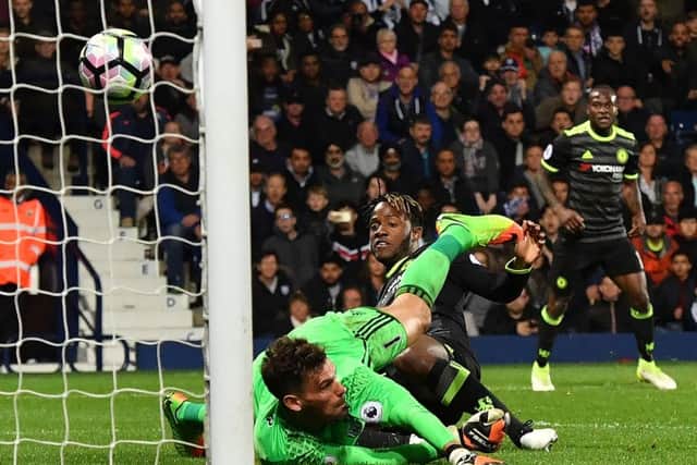 Michy Batshuayi scores against West Brom to clinch the Premier League title for Chelsea. Picture: Getty.