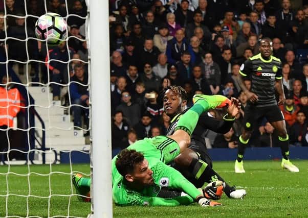 Michy Batshuayi scores against West Brom to clinch the Premier League title for Chelsea. Picture: Getty.