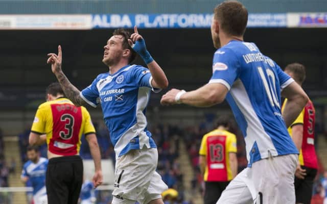 St Johnstone's Danny Swanson celebrates the goal which sent St Johnstone into Europe. Pic: SNS/Kenny Smith