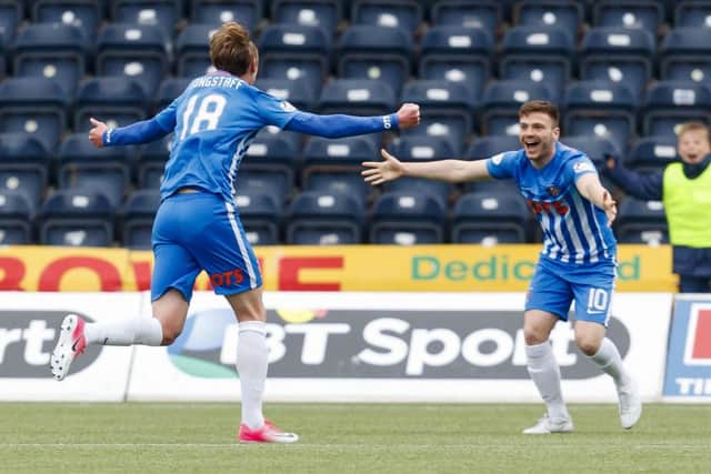 Kilmarnock's Sean Longstaff celebrates his goal with Greg Kiltie. Pic: SNS/Roddy Scott