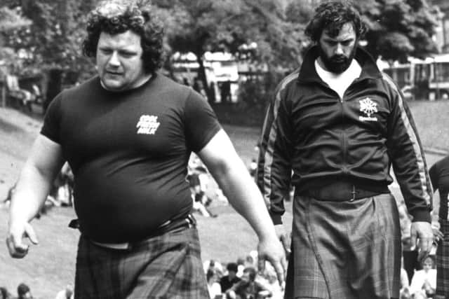 Hamish Davidson, left, with Geoff Capes at the Milk International Highland Games in Princes Street Gardens, Edinburgh, 1981.