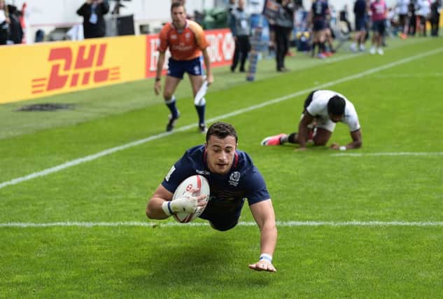 Scotland's Jamie Farndale scores a try during the quarter final defeat of Fiji in Paris. Picture: Charles McQuillan/Getty Images