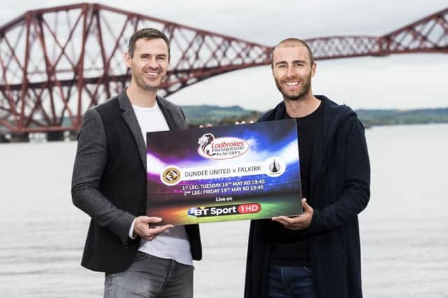Falkirks David McCracken, left, and Sean Dillon of Dundee United met at South Queensferry. Picture: SNS.